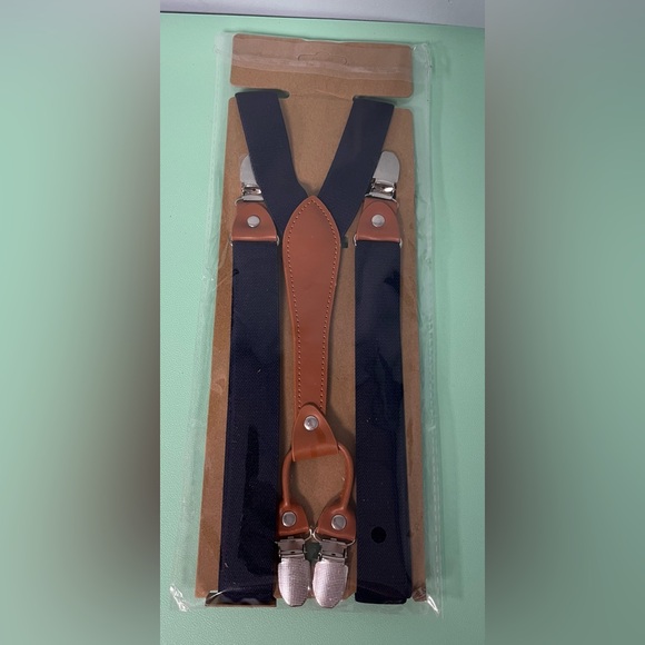 Children Navy Suspenders with 4 Clip-on, Y Back Brace, Tan Leather, Adjustable - Picture 1 of 4